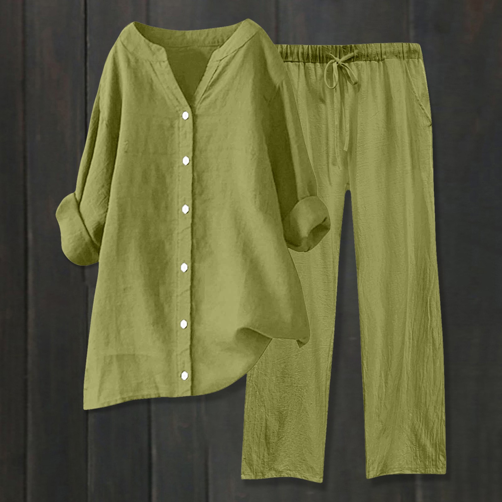 thumbnail image 2 of Conjuntos de 2 piezas para mujer: blusa de pierna ancha y pantalones elásticos. Camisa informal con cuello en V y bolsillos. Ropa urbana para todas las estaciones., 2 of 4